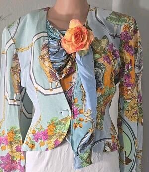 Karen Womens M Made Italy Floral Blazer Jacket Flower Scarf Blue Multicolor